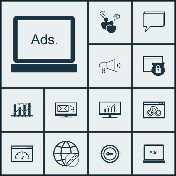 Conjunto de iconos de publicidad en el rendimiento del sitio web, Seguridad y SEO Brainstorm Topics. Ilustración vectorial editable. Incluye en línea, Página, Seguridad y más iconos vectoriales . — Archivo Imágenes Vectoriales