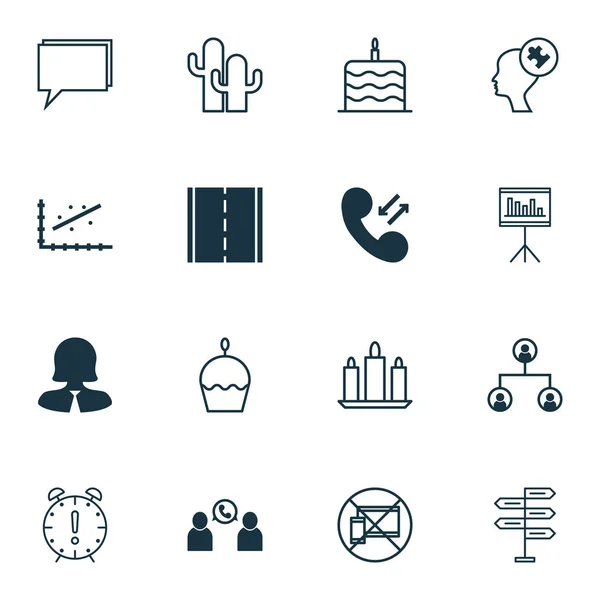 Set van 16 universele bewerkbare iconen. Kan worden gebruikt voor Web, mobiel en App Design. Bevat pictogrammen zoals verboden mobiel, fotocamera, menselijke geest en meer. — Stockvector