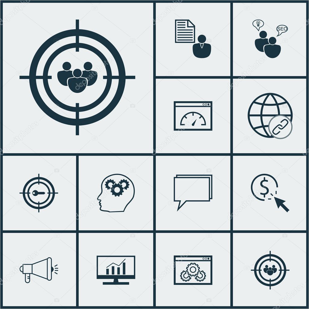 Set Of Advertising Icons On Market Research, Website Performance And SEO Brainstorm Topics. Editable Vector Illustration. Includes Link, Focus, Website And More Vector Icons.