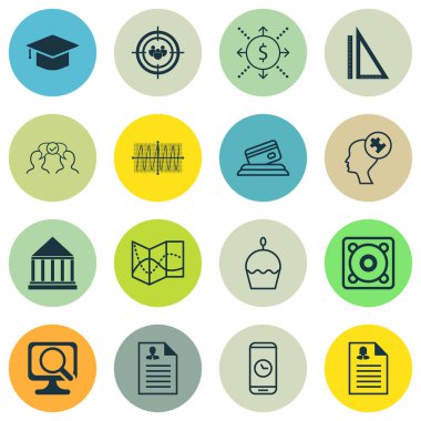 16 evrensel düzenlenebilir simgeler kümesi. Web, mobil ve App tasarım için kullanılabilir. Yol haritası, insan zihninin, arama süresi ve daha fazlası gibi simgeleri içerir.