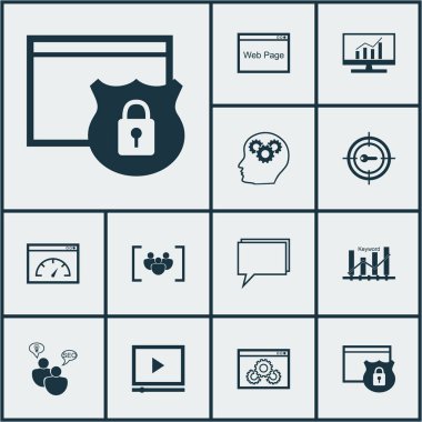 Anahtar kelime optimizasyonu, konferans ve beyin işlemi konular Seo simgeler kümesi. Düzenlenebilir vektör çizim. Sayfa, dijital, Web sitesi ve daha fazla vektör simge içerir.