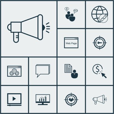 Anahtar kelime Pazarlama, odak grup ve Web sitesi konularda Seo simgeler kümesi. Düzenlenebilir vektör çizim. Dijital, sayfa, içerir danışmanlık ve daha fazla vektör simgeleri.