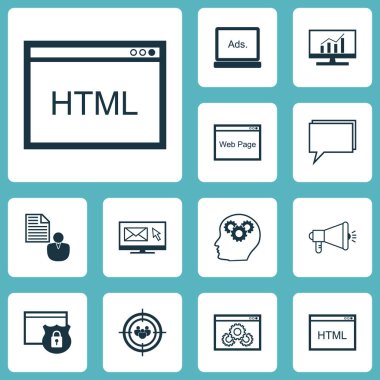 Pazarlama Web sitesi performans, bülten ve odak grup konularda simgeler kümesi. Düzenlenebilir vektör çizim. Reklam, ekran, beyin ve daha fazla vektör simge içerir.
