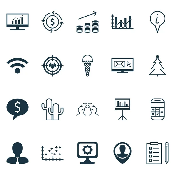 Conjunto de 20 iconos editables universales. Puede ser utilizado para el diseño web, móvil y de aplicaciones. Incluye iconos tales como cooperación, inalámbrico, recordatorio y más . — Vector de stock