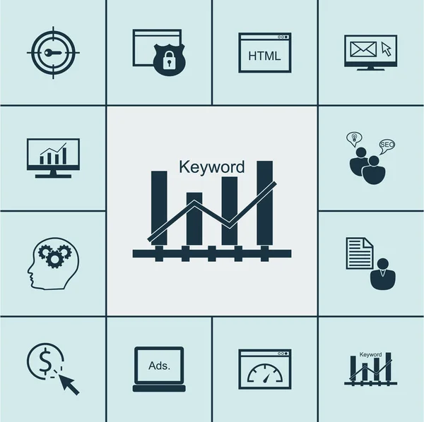 Serie di icone di marketing su Report, Codifica e Argomenti di marketing di parole chiave. Illustrazione vettoriale modificabile. Include icone vettoriali complete, di ricerca, SEO e altro . — Vettoriale Stock