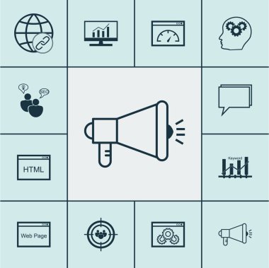 Anahtar kelime optimizasyonu, Web sitesi ve Pazar araştırması konular üzerinde Seo simgeler kümesi. Düzenlenebilir vektör çizim. Seyirci, hız, en iyi duruma getirme ve daha fazla vektör simge içerir.