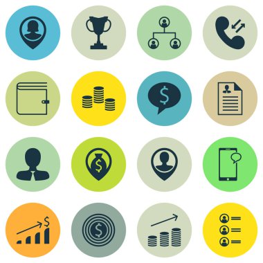 Çalışanın konumu, para ve hücresel veri konuları yönetimi simgeler kümesi. Düzenlenebilir vektör çizim. Kariyer, çanta, dolar ve daha fazla vektör simge içerir.