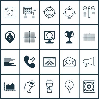 20 evrensel düzenlenebilir simgeler kümesi. Web, mobil ve App tasarım için kullanılabilir. Karar verme, para birimi geri dönüşüm, paket servisi olan restoran kahve ve daha fazlası gibi simgeleri içerir.