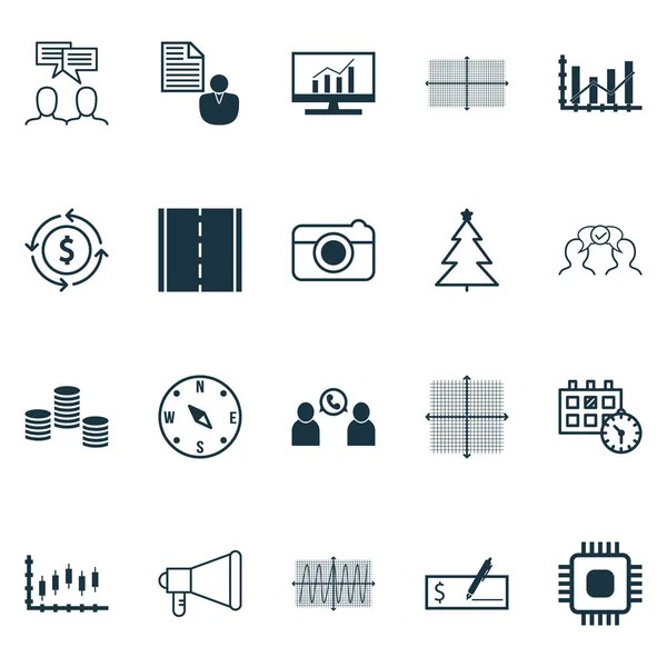 Conjunto de 20 iconos editables universales. Puede ser utilizado para el diseño web, móvil y de aplicaciones. Incluye iconos como Chip, Levante el diagrama, Conferencia telefónica y más . — Vector de stock