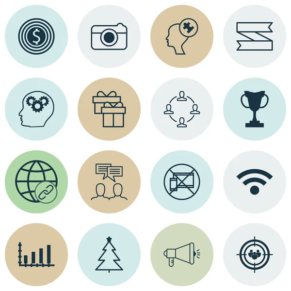 Conjunto de 16 iconos editables universales. Puede ser utilizado para el diseño web, móvil y de aplicaciones. Incluye iconos como Focus Group, Campaña mediática, Discusión y más . — Vector de stock