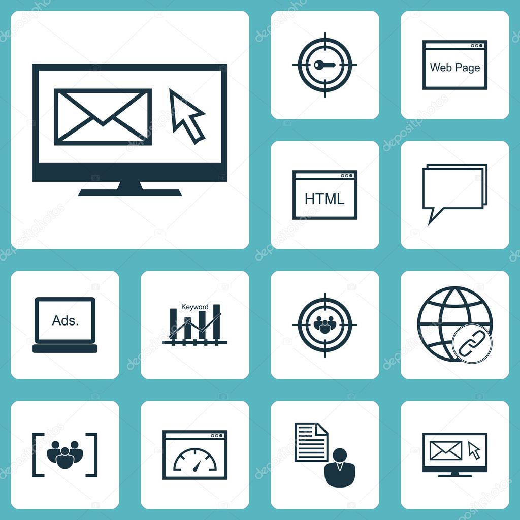 Set Of Advertising Icons On Focus Group, Keyword Optimisation And Questionnaire Topics. Editable Vector Illustration. Includes Online, Group, Code And More Vector Icons.