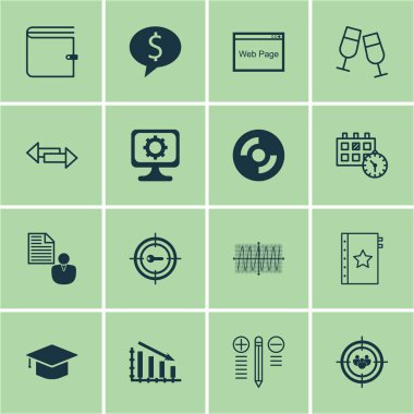 16 evrensel düzenlenebilir simgeler kümesi. Web, mobil ve App tasarım için kullanılabilir. Garanti, mezuniyet, anahtar kelime Pazarlama ve daha fazlası gibi simgeleri içerir.