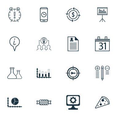 16 evrensel düzenlenebilir simgeler kümesi. Web, mobil ve App tasarım için kullanılabilir. Daire grafiği, tarihi, tanıtımı ve daha fazlası gibi simgeleri içerir.