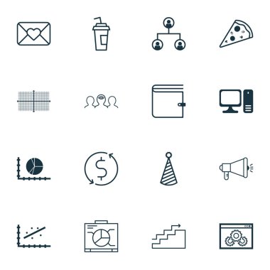 16 evrensel düzenlenebilir simgeler kümesi. Web, mobil ve App tasarım için kullanılabilir. Daire grafiği, kutlama mektubu, dilimlenmiş Pizza ve daha fazla gibi simgeler içerir.