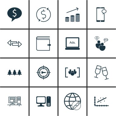 16 evrensel düzenlenebilir simgeler kümesi. Web, mobil ve App tasarım için kullanılabilir. Bilgisayar, para Trasnfer, paralar büyüme ve daha fazlası gibi simgeleri içerir.