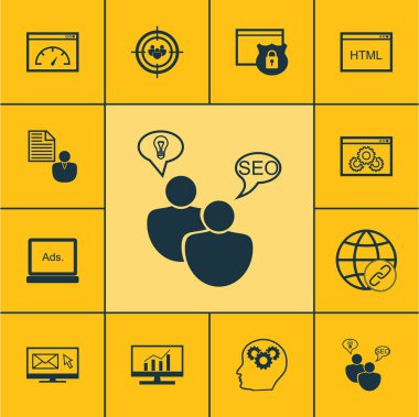 Pazarlama dijital medya, Web sitesi performans ve Pazar araştırması konularda simgeler kümesi. Düzenlenebilir vektör çizim. Kapsamlı, Seo, Dynamics ve daha fazla vektör simge içerir.