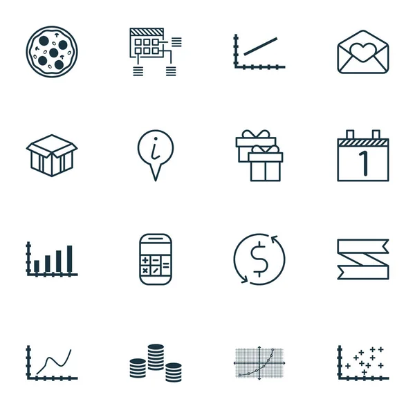 Conjunto de 16 iconos editables universales. Puede ser utilizado para el diseño web, móvil y de aplicaciones. Incluye iconos tales como correo electrónico de saludo, puntero de información, presente y más . — Vector de stock