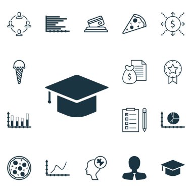 16 evrensel düzenlenebilir simgeler kümesi. Web, mobil ve App tasarım için kullanılabilir. Dondurulmuş gıda, Pizza yemek, insan aklının ve daha fazlası gibi simgeleri içerir.