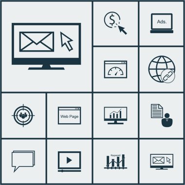 Video Player, odak grup ve Ppc konular Seo simgeler kümesi. Düzenlenebilir vektör çizim. Web, danışmanlık, dijital ve daha fazla vektör simge içerir.