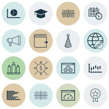 16 evrensel düzenlenebilir simgeler kümesi. Web, mobil ve App tasarım için kullanılabilir. M-cüzdan, para, mezuniyet ve daha fazlası gibi simgeleri içerir.