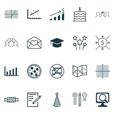 20 evrensel düzenlenebilir simgeler kümesi. Web, mobil ve App tasarım için kullanılabilir. Analytics, Pizza yemek, mezuniyet ve daha fazlası gibi simgeleri içerir.