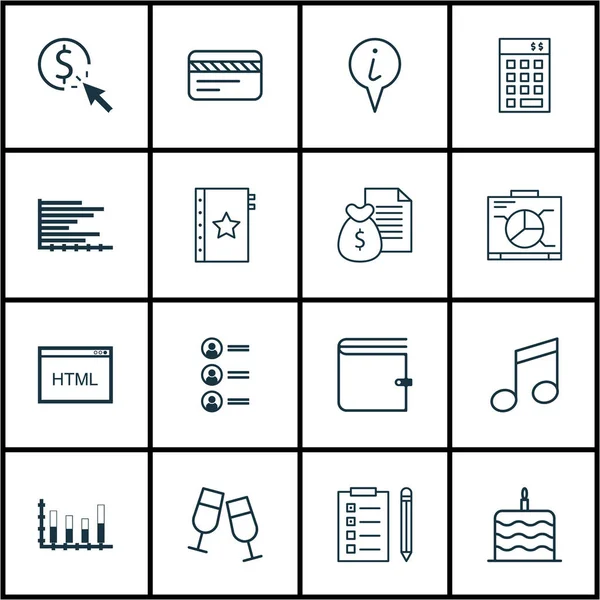 Conjunto de 16 iconos editables universales. Puede ser utilizado para el diseño web, móvil y de aplicaciones. Incluye iconos como copas de champán, tablero, solicitantes de empleo y más . — Archivo Imágenes Vectoriales