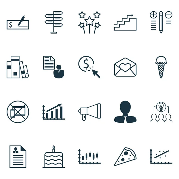 Conjunto de 20 iconos editables universales. Puede ser utilizado para el diseño web, móvil y de aplicaciones. Incluye iconos como informe, pastel de celebración, gráfico de ganancias y más . — Vector de stock