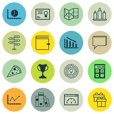 16 evrensel düzenlenebilir simgeler kümesi. Web, mobil ve App tasarım için kullanılabilir. Kütüphane, yenilik, fırsat ve daha fazlası gibi simgeleri içerir.