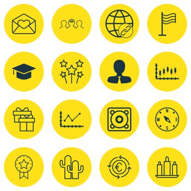 16 evrensel düzenlenebilir simgeler kümesi. Web, mobil ve App tasarım için kullanılabilir. PIN, mezuniyet, kaktüsler ve daha fazlası gibi simgeleri içerir.