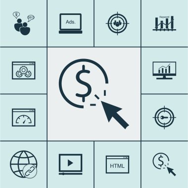 PPC, Seo simgeler kümesi kodlama ve anahtar kelime Pazarlama başlıklar. Düzenlenebilir vektör çizim. Kapsamlı, dijital, Seo ve daha fazla vektör simge içerir.