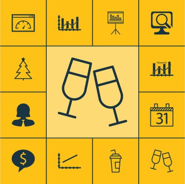 12 evrensel düzenlenebilir simgeler kümesi. Web, mobil ve App tasarım için kullanılabilir. Tarihi, tanıtımı, şampanya bardağı ve daha fazlası gibi simgeleri içerir.