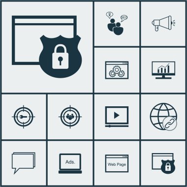 Pazarlama dijital medya, bağlantılar ve Seo beyin fırtınası konular üzerinde simgeler kümesi. Düzenlenebilir vektör çizim. İçeren korumalı, kapsamlı, ekran ve diğer vektör simgeleri.