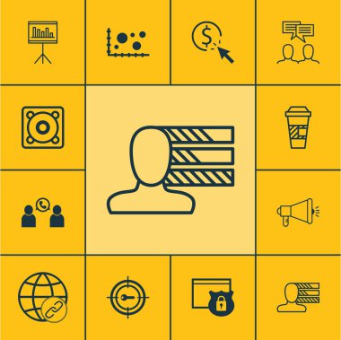 12 evrensel düzenlenebilir simgeler kümesi. Web, mobil ve App tasarım için kullanılabilir. Paket servisi olan restoran kahve, anahtar kelime Pazarlama, Ppc ve daha fazlası gibi simgeleri içerir.