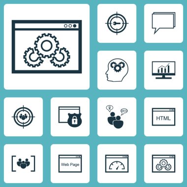 Web sitesi performans, konferans ve konular kodlama pazarlama simgeler kümesi. Düzenlenebilir vektör çizim. Güvenlik, pazarlama, tarayıcı ve daha fazla vektör simge içerir.