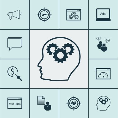 Seo beyin fırtınası, konferans ve anahtar kelime Pazarlama başlıklar Seo simgeler kümesi. Düzenlenebilir vektör çizim. Anahtar kelime, danışmanlık, tarayıcı ve daha fazla vektör simge içerir.
