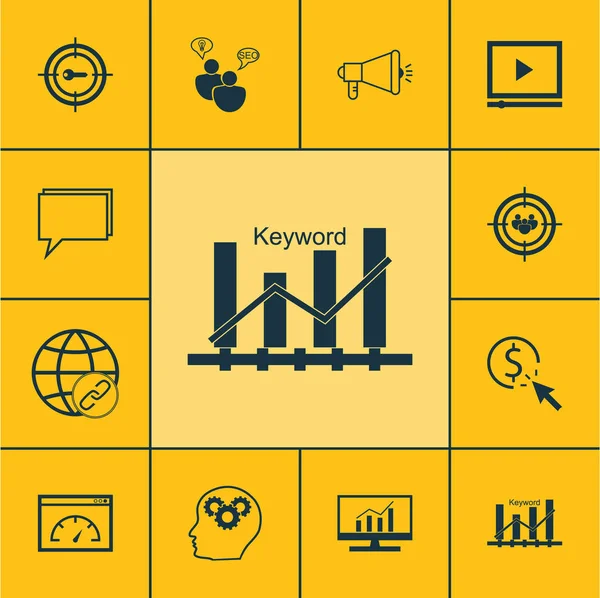 Set di icone SEO sul processo cerebrale, Campagna multimediale e argomenti di ricerca di mercato. Illustrazione vettoriale modificabile. Include messa a fuoco, ottimizzazione, dinamica e più icone vettoriali . — Vettoriale Stock