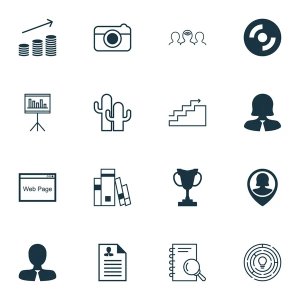 Set van 16 universele bewerkbare iconen. Kan worden gebruikt voor Web, mobiel en App Design. Bevat pictogrammen zoals munten groei, zakenvrouw, cactussen en meer. — Stockvector