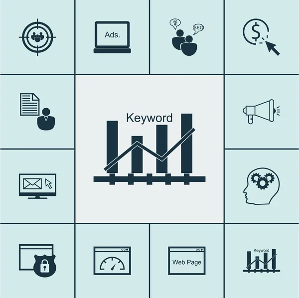 Conjunto de iconos SEO sobre optimización de palabras clave, velocidad de carga y temas de grupos focales. Ilustración vectorial editable. Incluye la creatividad, Viral, Breve Y Más iconos vectoriales . — Archivo Imágenes Vectoriales