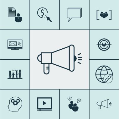 Anahtar kelime optimizasyonu, Video oynatıcı ve bağlantı konuları üzerinde Seo simgeler kümesi. Düzenlenebilir vektör çizim. Odak noktası, hedef, Seo ve daha fazla vektör simge içerir.