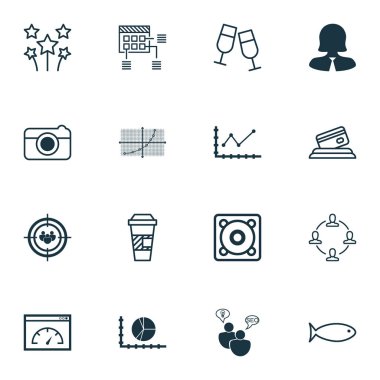 16 evrensel düzenlenebilir simgeler kümesi. Web, mobil ve App tasarım için kullanılabilir. Kredi kartı, odak grup, balıkçılık ve daha fazlası gibi simgeleri içerir.