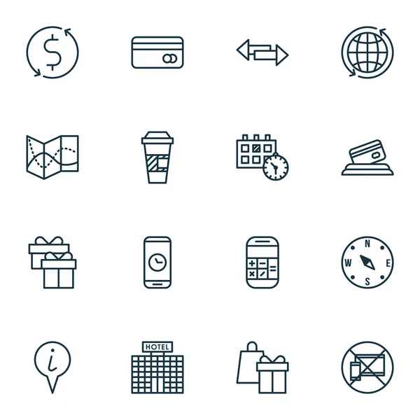 Conjunto de iconos del aeropuerto en los temas de cálculo, cita y café para llevar. Ilustración vectorial editable. Incluye compras, débito, taza y más iconos vectoriales . — Vector de stock