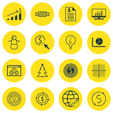 16 evrensel düzenlenebilir simgeler kümesi. Web, mobil ve App tasarım için kullanılabilir. Kış, daire grafiği, dekore edilmiş ağaç ve daha fazlası gibi simgeleri içerir.