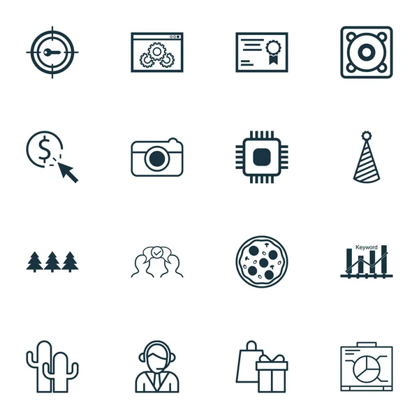 Conjunto de 16 iconos editables universales. Puede ser utilizado para el diseño web, móvil y de aplicaciones. Incluye iconos tales como sombrero de cumpleaños, comercialización de la palabra clave, funcionamiento del Web site y más . — Vector de stock
