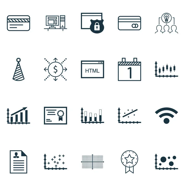Conjunto de 20 iconos editables universales. Puede ser utilizado para el diseño web, móvil y de aplicaciones. Incluye iconos como el dinero, sombrero de cumpleaños, codificación y más . — Vector de stock