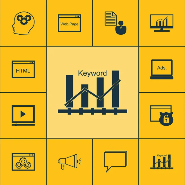 Ensemble d'icônes marketing sur le rapport, l'optimisation des mots clés et les sujets des médias numériques. Illustration vectorielle modifiable. Comprend la publicité, mot-clé, site Web et plus d'icônes vectorielles . — Image vectorielle