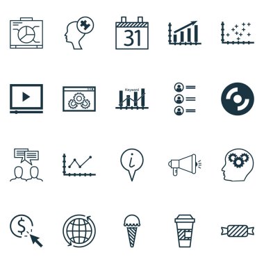20 evrensel düzenlenebilir simgeler kümesi. Web, mobil ve App tasarım için kullanılabilir. Dondurulmuş gıda, dünya, beyin süreci ve daha fazlası gibi simgeleri içerir.