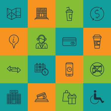 Alışveriş üzerinde ulaşım simgeler kümesi plastik kart ve paket servisi olan restoran kahve konular. Düzenlenebilir vektör çizim. Kavşak, Office, dolar ve daha fazla vektör simge içerir.
