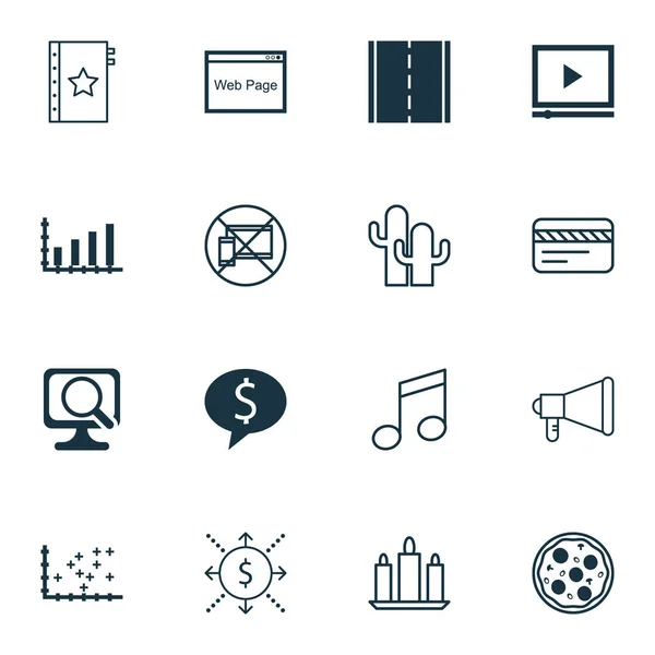 Conjunto de 16 iconos editables universales. Puede ser utilizado para el diseño web, móvil y de aplicaciones. Incluye iconos como crotchets, comida de pizza, computadora portátil y más . — Vector de stock