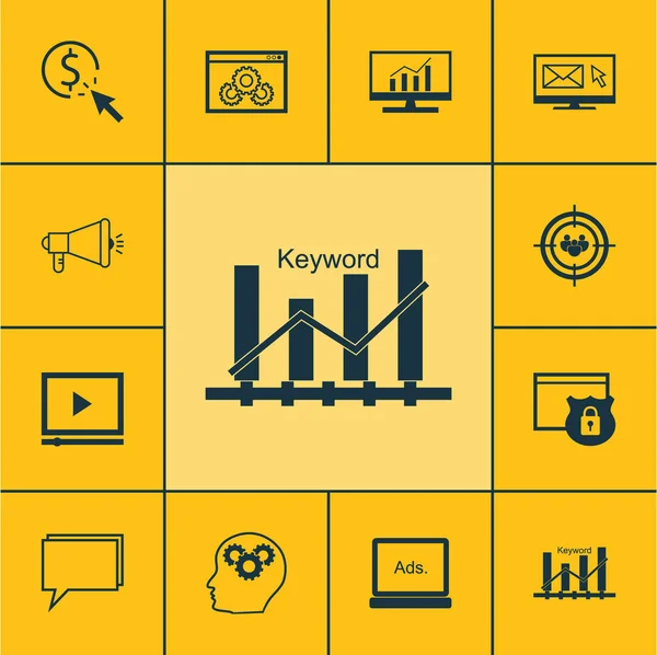 Zestaw ikon reklamy na Newsletter, Ppc i tematy konferencji. Ilustracja wektorowa edycji. Konferencja, Wspólnoty, wydajność i więcej ikon wektorowych. — Wektor stockowy