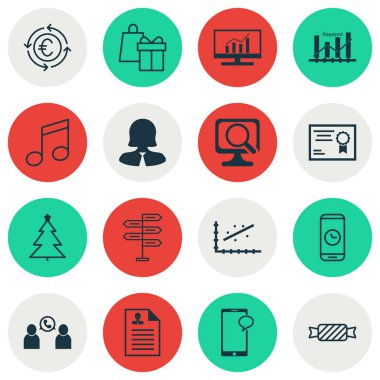 16 evrensel düzenlenebilir simgeler kümesi. Web, mobil ve App tasarım için kullanılabilir. Tatlı, arama süresi, dekore edilmiş ağaç ve daha fazla sıra simgeler içerir.